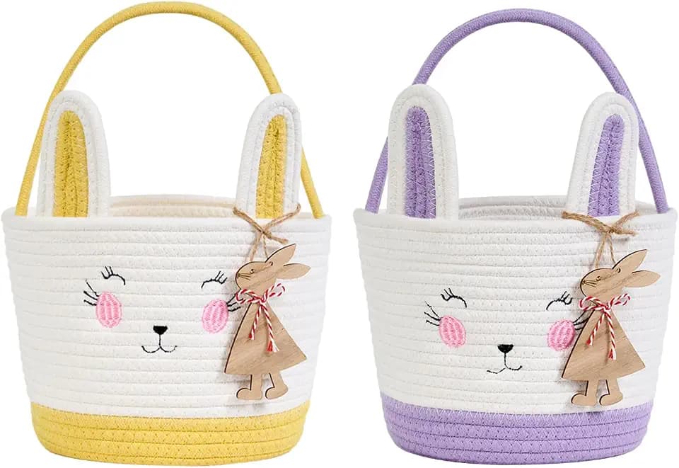 2 Pack Easter Bunny Baskets with 2 Wooden Bunny Ornaments, Egg Hunt Baskets for Kids, Boys, Girls, Easter Gift Baskets for Egg Hunting, Candy, Toys Storage & Easter Decorations (Yellow+Purple)