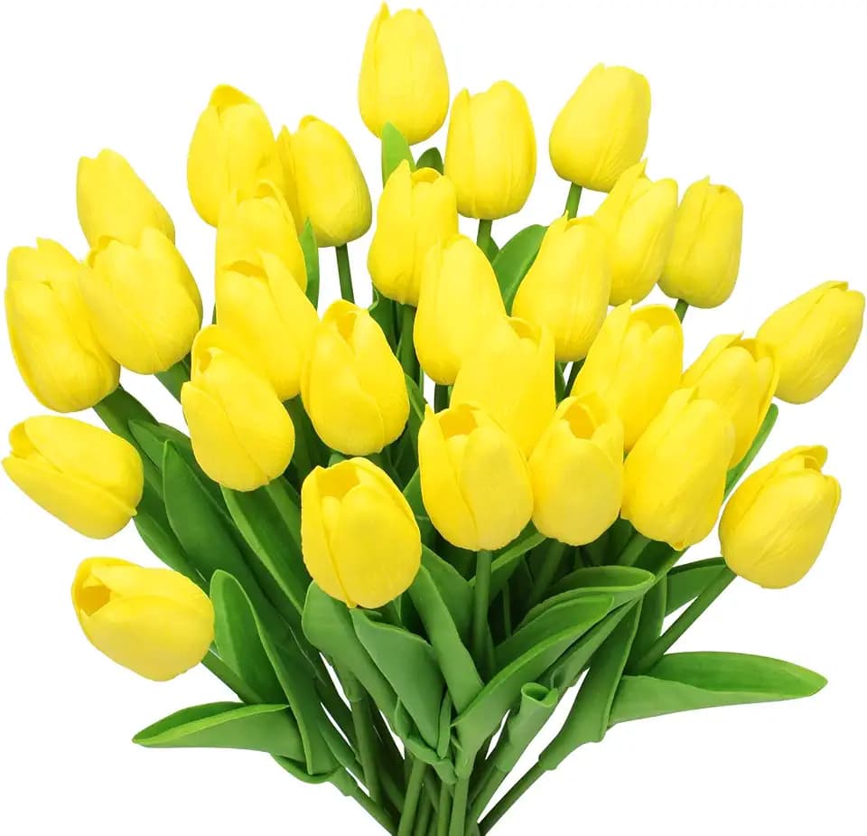 28pcs Yellow Flowers Artificial Tulip Stems Real Feel PU Tulips for Easter Spring Wreath Wedding Bouquet Centerpiece Floral Arrangement Cemetery Table Décor 13" Tall