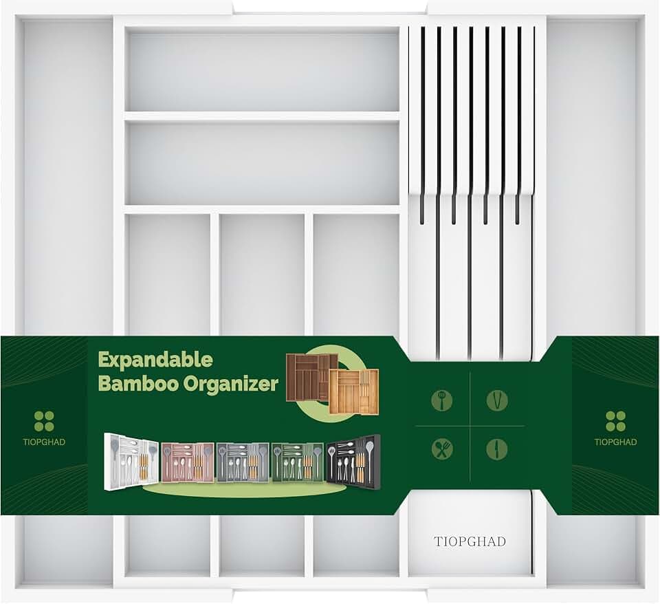 TIOPGHAD Expandable Bamboo Silverware Drawer Organizer Kitchen Tray, White