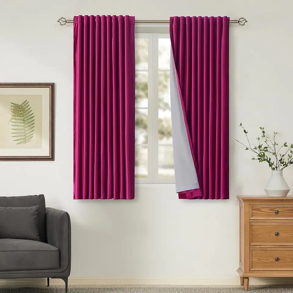 100% Full Blackout Hot Pink Velvet Curtains 63 inch Long for Living Room,Set of 2 Liner Rod Pocket Back Tab Thermal Window Curtains Room Darkening Heavy Decorative Curtains Drapes for Bedroom