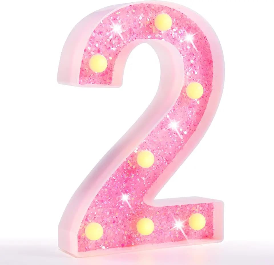 Pooqla Marquee Numbers Lights, light up Pink Numbers, Glitter Number Night Light Battery Powered Birthday Gift for Boys Girls Christmas Wedding Home Bar Party Decoration, Pink 2