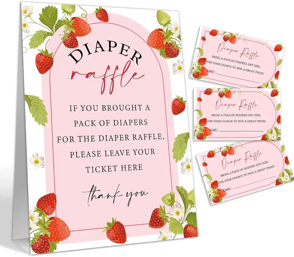Strawberry Baby Shower Game Card Set, 50 Diaper Raffle Tickets and 1 Standing Sign, Game to Bring a Pack of Diapers, Girl Gender Neutral Berry Sweet Baby Shower Decorations Supplies/BABY01