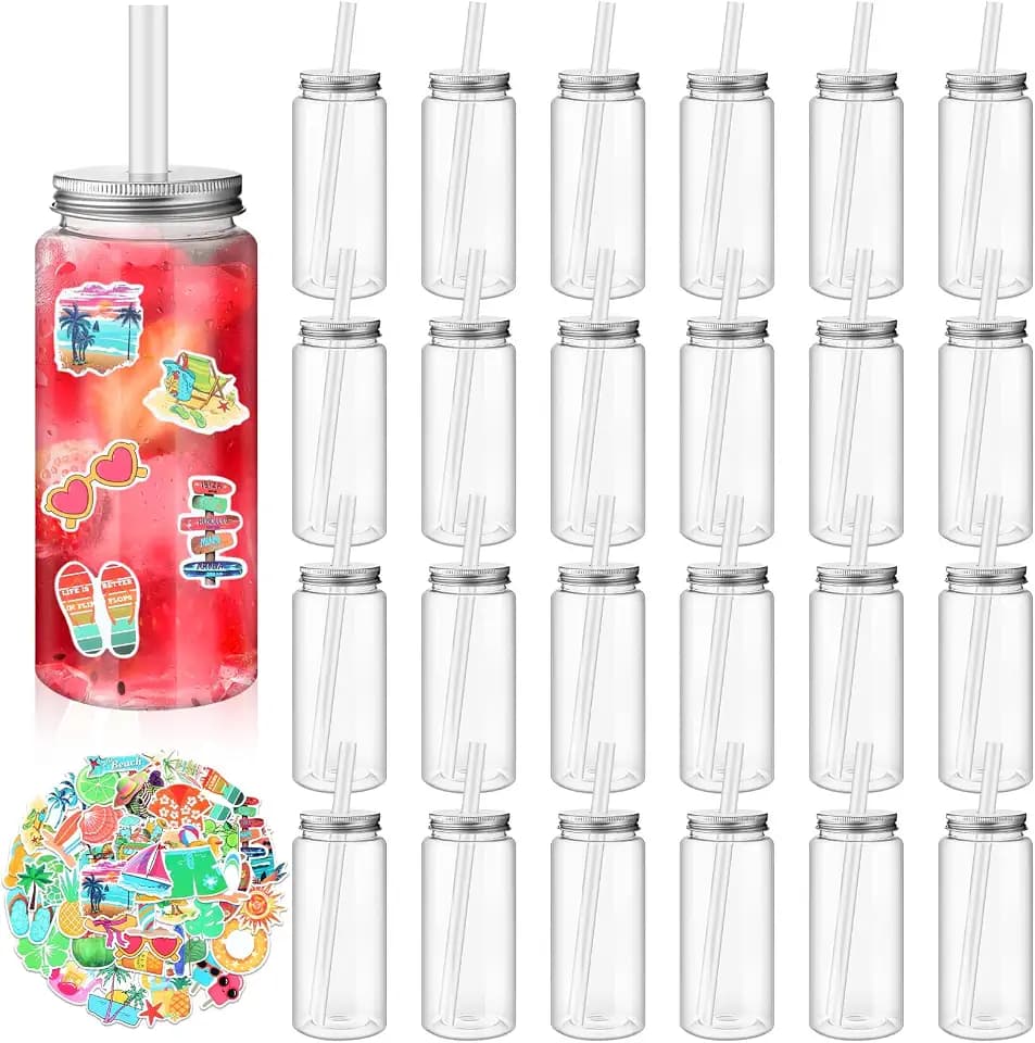 Jingmore 24 Pcs 14oz Plastic Mason Jar Bottles with Straws Lids Clear Cute Reusable Drinking Cups and Summer Stickers for Water, Tea, Juice, Beer, Summer Hawaiian Beach Party Supplies