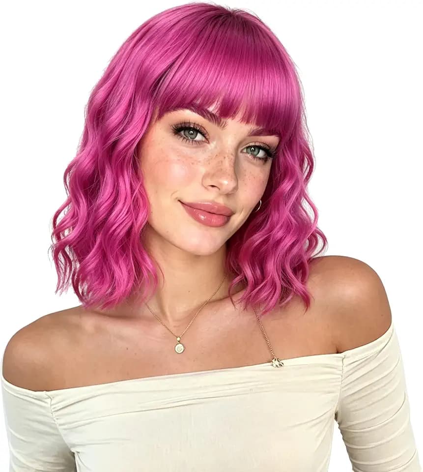 VCKOVCKO Short Bob Wigs Rose Hot Pink Wavy Wig With Air Bangs Women's Shoulder Length Wigs Curly Wavy Synthetic Cosplay Wig Pastel Bob Wig for Girl Colorful Wigs(12", Hot pink)
