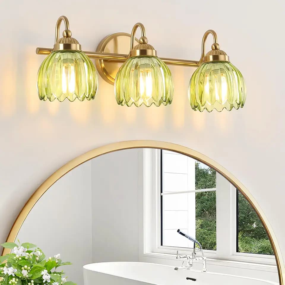 Vintage Bathroom Light Fixtures, Brass Vanity Lights with Green Tulip Glass Shade, Vanity Sconces for Bathroom Bedroom Living Room Hallway, 3-Light