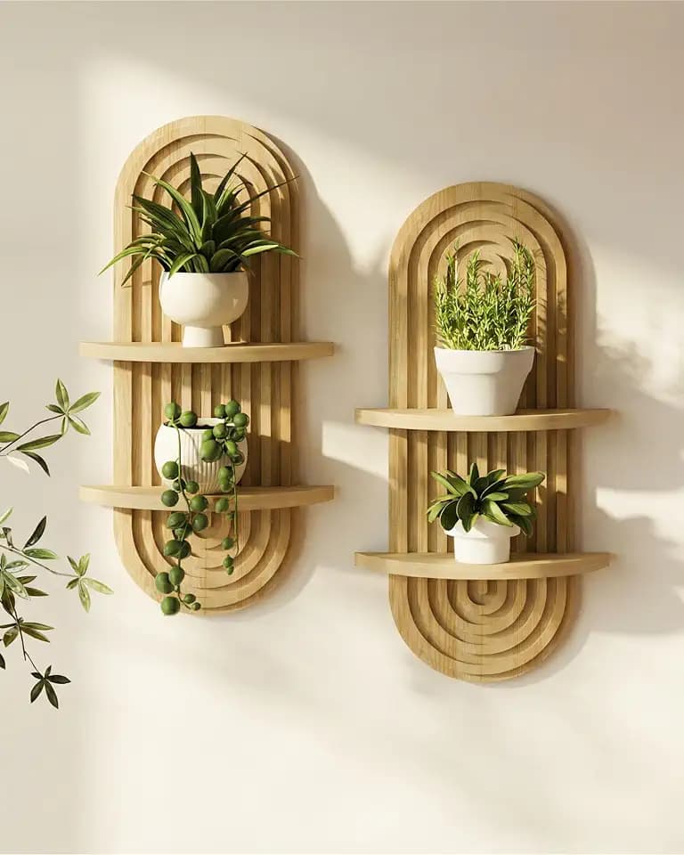 Bamworld Boho Wall Decor Plant Wall Shelf Wood Plant Holder Natural 2PCS