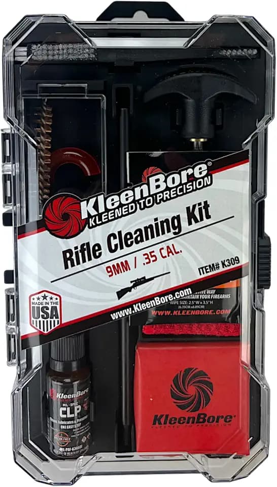 KleenBore 9mm .35 Cal Rifle Cleaning Kit – Pistol Caliber Carbine Cleaning Kit with Steel Rod, Bore Brush, Jag, CLP & Patches