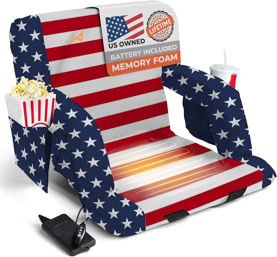ACELETIQS Heated Stadium Seats for Bleachers with Back Support – USB Battery Included - Upgraded 3 Levels of Heat - Foldable Chair - 4 Pockets, Cup Holder - for Camping, Games & Sports (USA Flag)