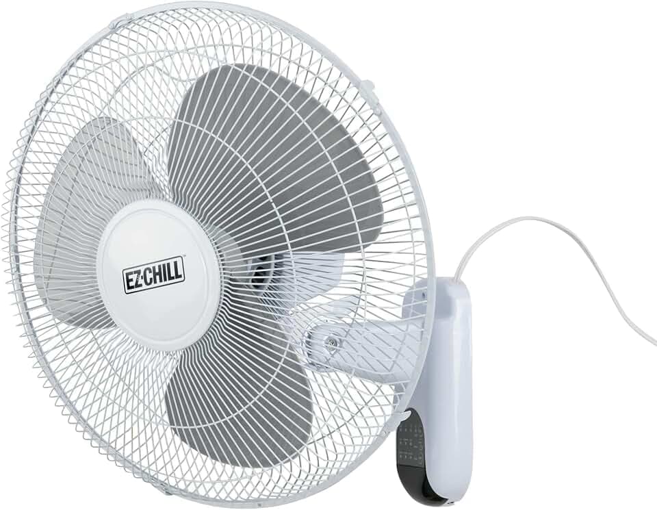 EZ-CHILL 16" Oscillating Wall Mount Fan with Remote Control, Timer, Auto Shut Off, Adjustable Tilt, Quiet, 3 Speed, Ideal for Home, Bedroom, Gym & Office, White