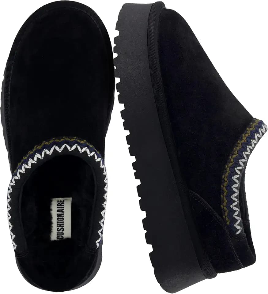 CUSHIONAIRE Kabuki Platform Boots Genuine Suede Fuzzy Mule Slippers for Women with Memory Foam | Indoor/Outdoor Womens Slippers | Wide Widths Available