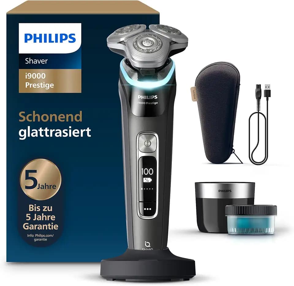 Philips Rasierer i9000 Prestige, elektrischer Nass- und Trockenrasierer für Herren mit integriertem Trimmer, schwarz, Drucksensor, Reinigungsstation, Ladestation und Reiseetui (Modell XP9207/30)