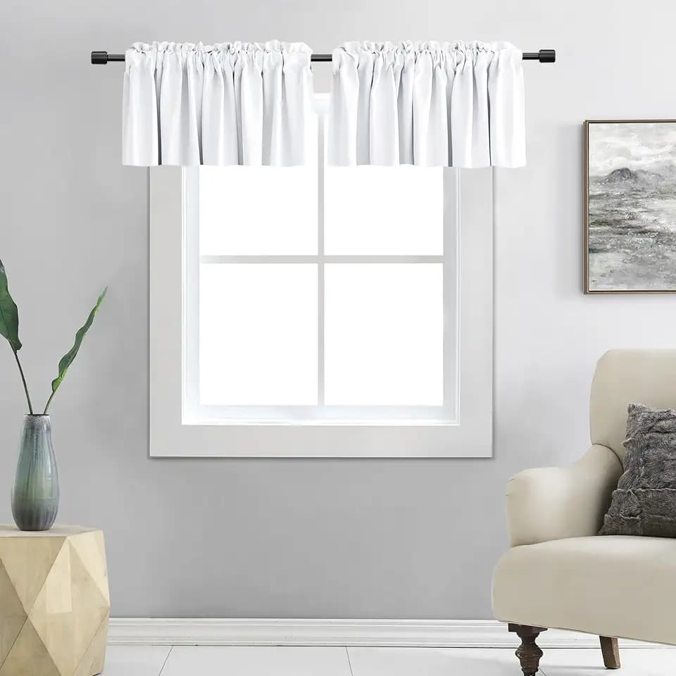 DONREN Pack of 2 Pure White Valances for Window - Rod Pocket Room Darkening Kitchen Valances(42 Wide by 12 Inches Long)