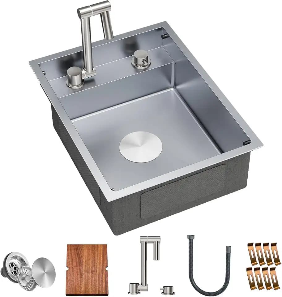 TORVA RV Kitchen Sink, 16 x 21 x 7 Inch Undermount Bar Sink 16 Gauge Stainless Steel Single Bowl Sink with Foldable Faucet Cutting Board, Grey