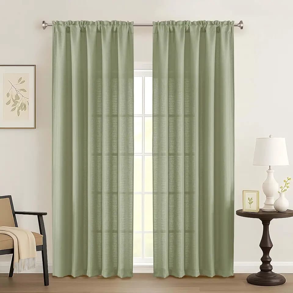 Yellow Green Faux Linen Curtains 90 Inches Long 2 Panels Set, Farmhouse Rustic Light Filtering Soft Thick Textured Curtains for Bedroom Dual Rod Pocket Drapes for Living Room, 2x50Wx90L Inches