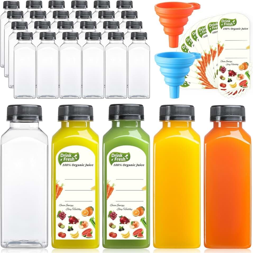 24 PACK, 12 OZ Reusable Thicker Plastic Juice Bottles with Caps, Food Grade