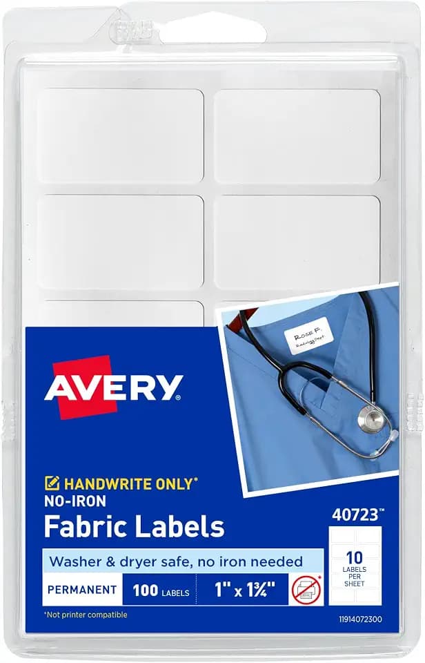 Avery No-Iron Fabric Labels, 1" x 1-3/4", Washer and Dryer-Safe Waterproof Labels, Non-Printable, 100 Total (40723)