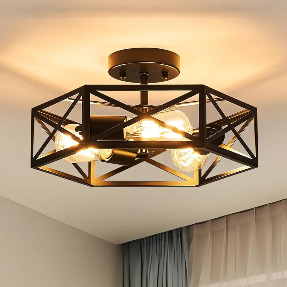 Black Modern Farmhouse Metal Semi Flush Mount Ceiling Light Fixture 14.6 in