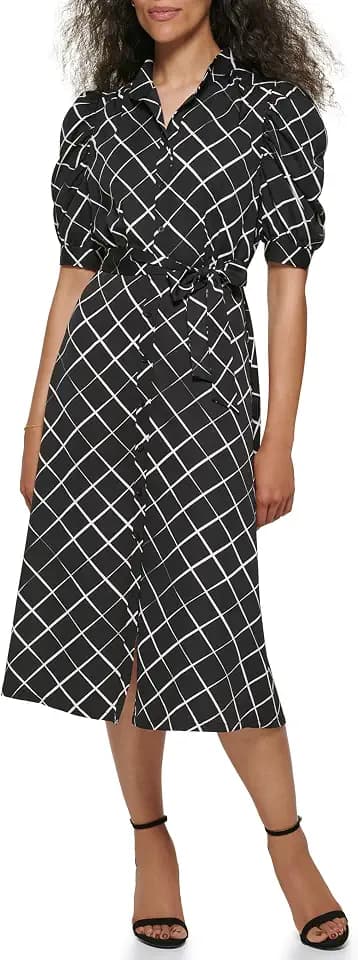 DKNY Women's Puff Short Sleeve Collared Neck Midi Dress Shirtdress with Removable Belt