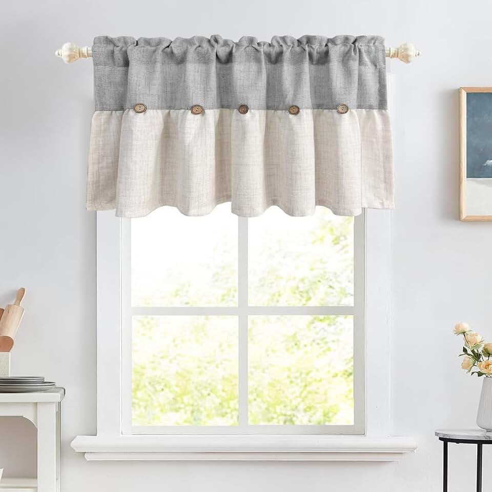 Farmhouse Boho Linen Button Valance for Kitchen Window Dining Room