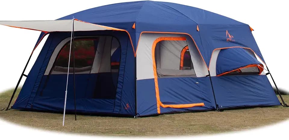 KTT Extra Large Tent 10-12 Person,Family Cabin Tents,2 Rooms,3 Doors and 3 Windows with Mesh,Straight Wall,Waterproof,Double Layer,Big Tent for Outdoor,Picnic,Camping,Family Gathering