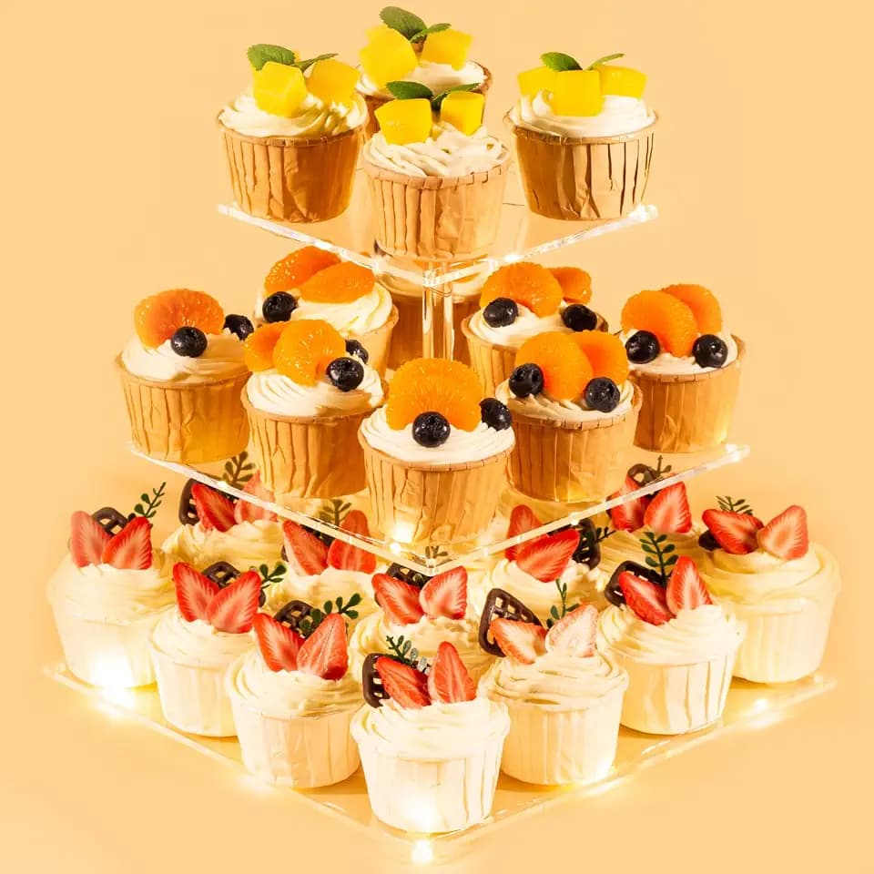 3 Tier Cupcake Stand Cupcake Holder with LED, Acrylic Square Cupcake Tower