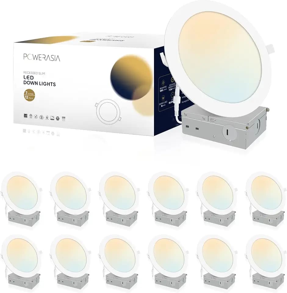 POWERASIA 12 Pack 7 Inch LED Recessed Lighting, 5CCT Canless Wafer, White