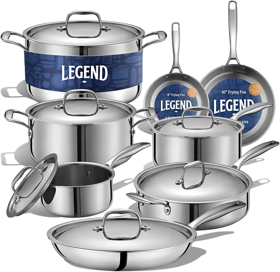 LEGEND COOKWARE 5-Ply Stainless Steel Cookware Set, 14-Piece Pots and Pans Set - Induction Compatible, Oven Safe 800°F - Non-Toxic, No Coatings - Built to Last Generations