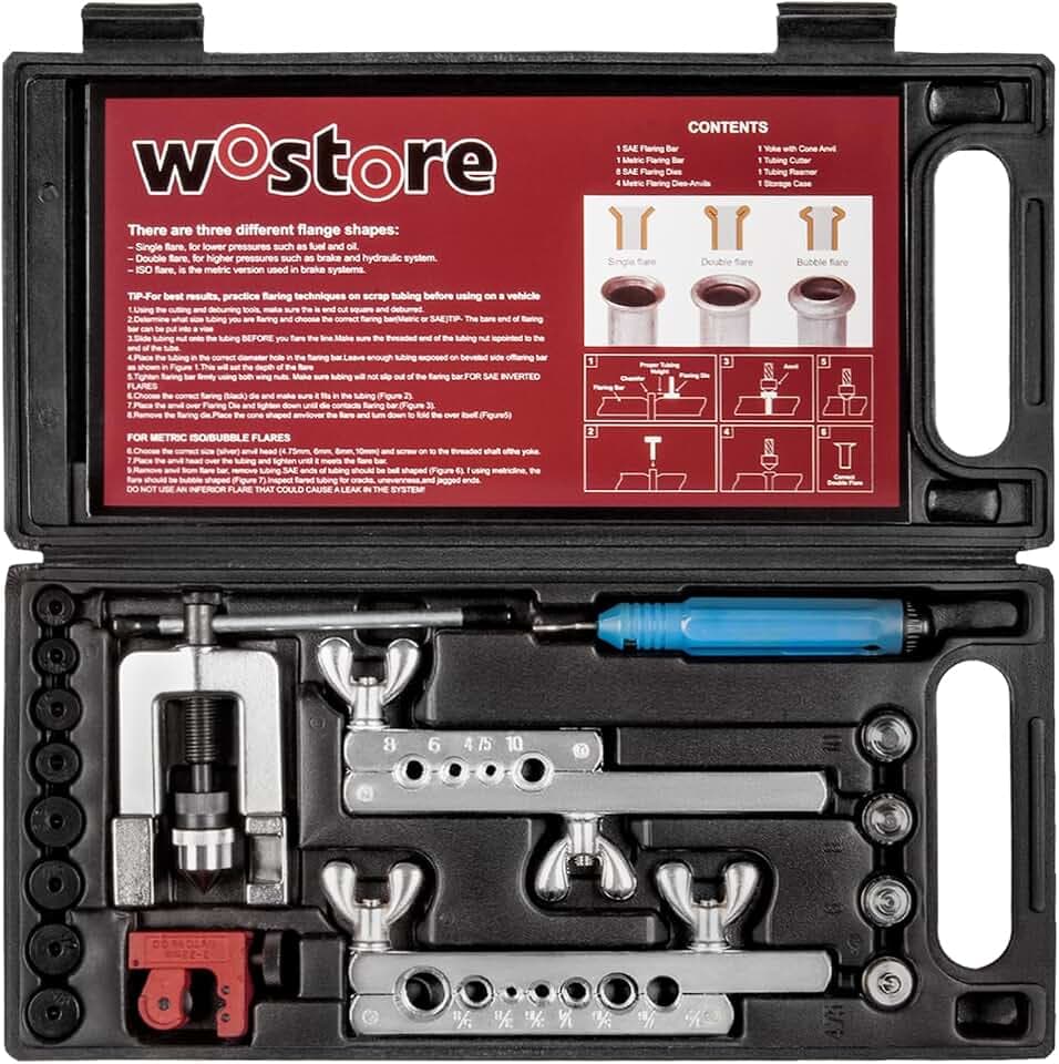 Wostore Doppel Bördelgerät Bremsleitung mit Rohrschneider und Rohrfräser Einzel-, Doppel- (SAE) und Blasen- (ISO) Bördelungen für Kupfer Kunststoff Aluminium Rohre 3/16-5/8" 7 Größen