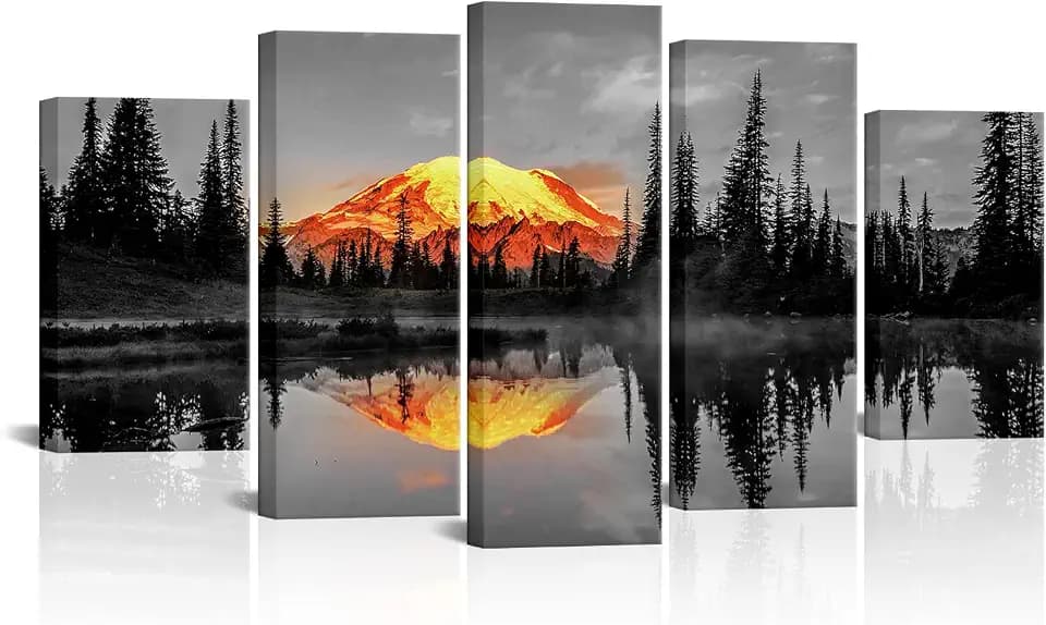 LevvArts 5 Piece Nature Canvas Wall Art Sunrise on Mount Rainier Landscape Picture Prints on Canvas Tipsoo Lake Artwork USA Scenery Poster Stretched and Framed Home Decor Ready to Hang (Large)