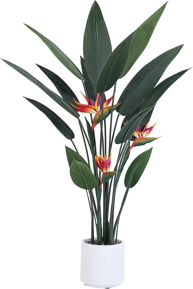 Jocoevol Artificial Bird of Paradise Plant 48in(4Ft) Tall Fake Banana Leaf Plant for Indoors and Outdoors, Artificial Flowers, Faux Palm Tree with Plastic Pot for Office and Home Decor