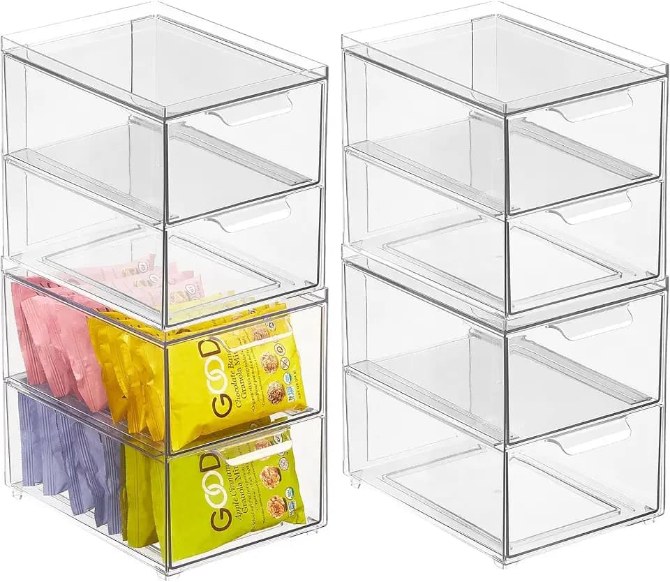 mDesign Stackable Storage Containers Box with 2 Pull-Out Drawers - Stacking Plastic Drawer Bins for Kitchen Pantry and Cupboard, Cabinet, Counter, Island and Tables - Lumiere Collection, 4 Pack, Clear