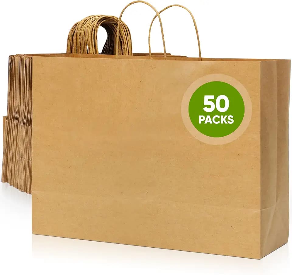 Tobvory Kraft Paper Bags with Handles, 50 Pack Large Brown Heavy Duty Bags