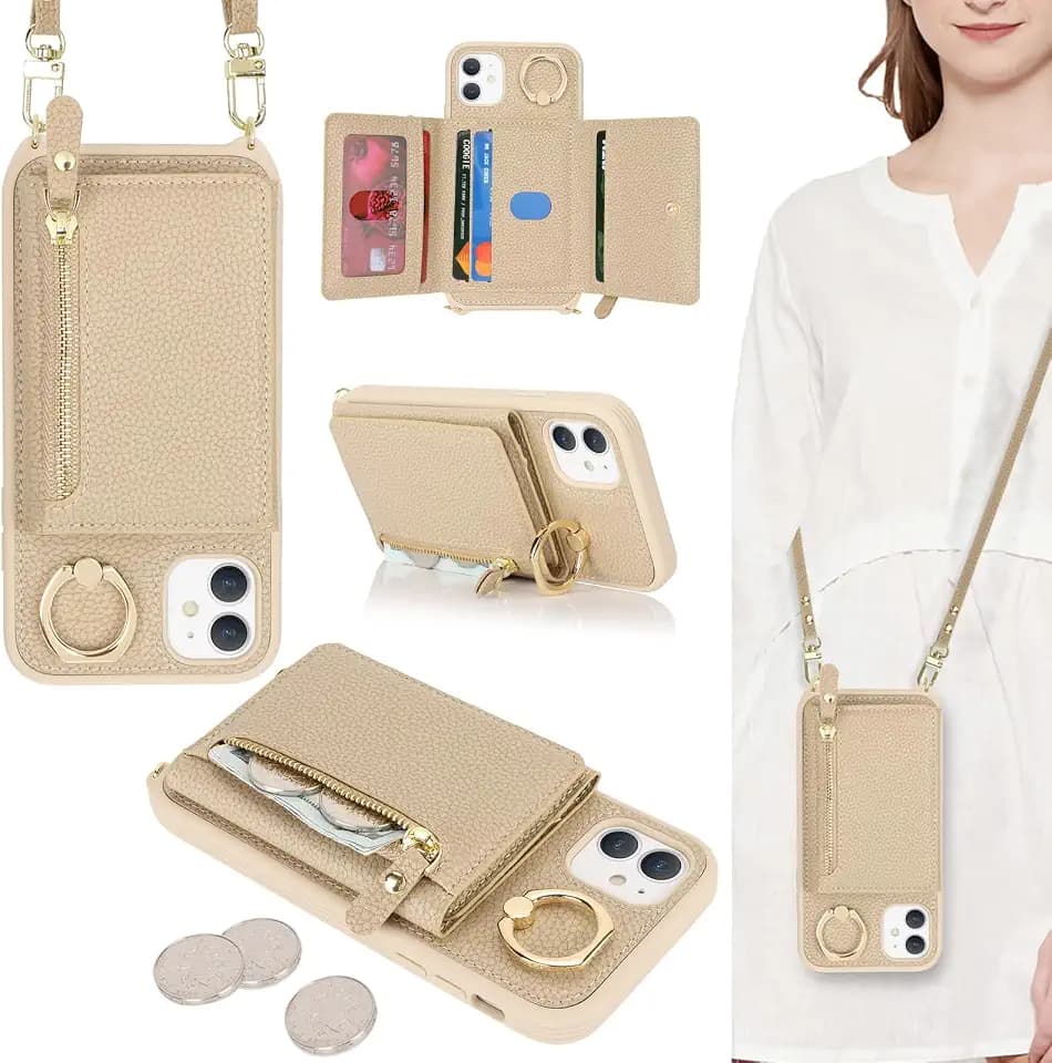 ELTEKER Handyhülle für iPhone 11 Hülle mit Band Kartenfach Ringhalterung Geldbörse,Leder Klapphülle Umhängetasche Handytasche für iPhone 11 - beige