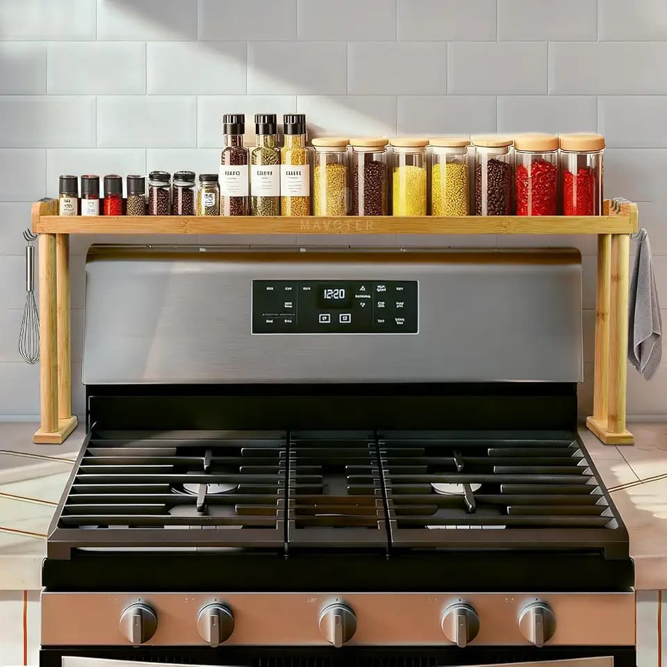 MAVOTER Over The Stove Top Shelf for Kitchen, Bamboo Spice Rack Organizer