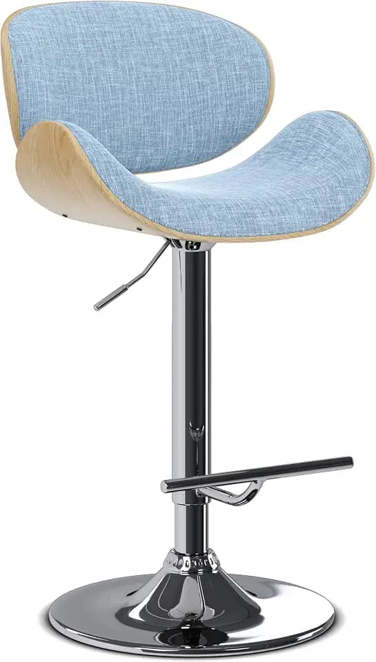 SIMPLIHOME Marana Adjustable Swivel Bar Stool - 33 inch Seat Height Upholstered Metal Chair in Denim Blue Vegan Faux Leather, Mid Century Seating for Kitchen or Bar with Curved Bentwood Back
