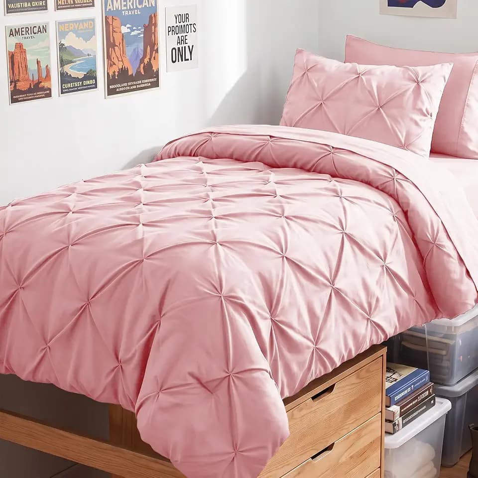 HIMEET Twin XL Comforter Set Pink - 5 Pieces Pintuck Bed in a Bag