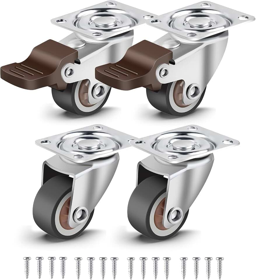 Nefish 4 Pack 1" Small Caster Wheels for Furniture Low Profile Soft Rubber Casters Swivel Plate Castors Rolling Smooth, Load Capacity 100 Lbs for Set of 4 (2 with Brake and 2 Without)