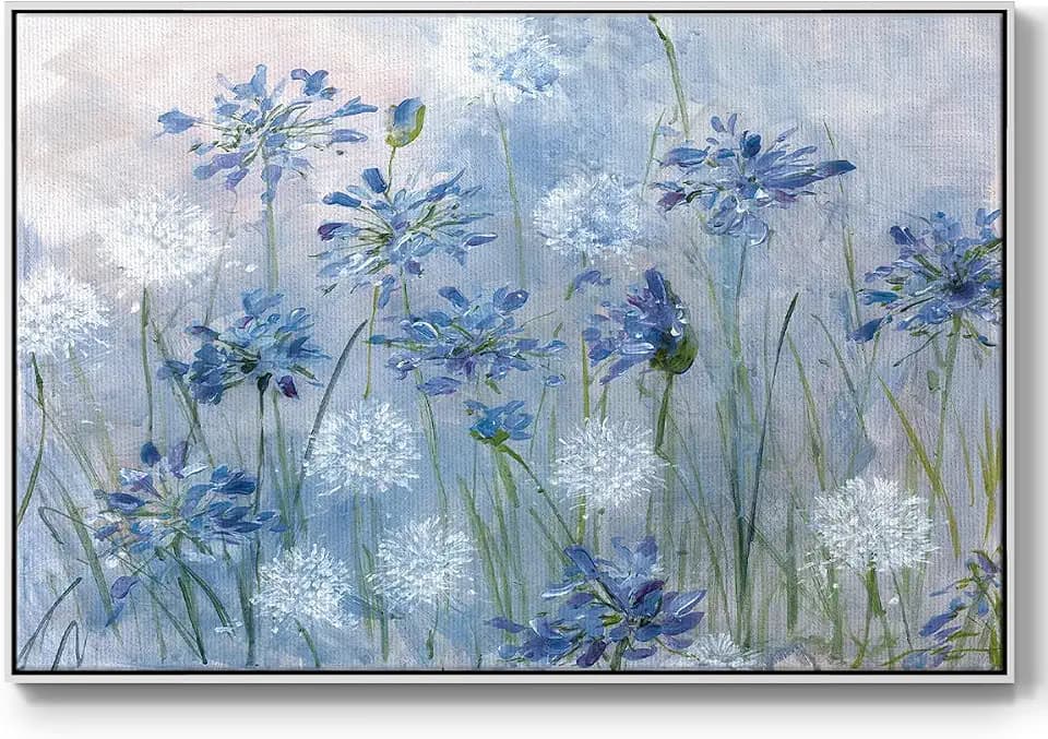 Renditions Gallery Floral Wall Art Paintings & Prints Blue & White Dandelion and Agapanthus Beautiful Flowers ArtWork for Bedroom Office Kitchen - 25"X37" White Frame GAL001