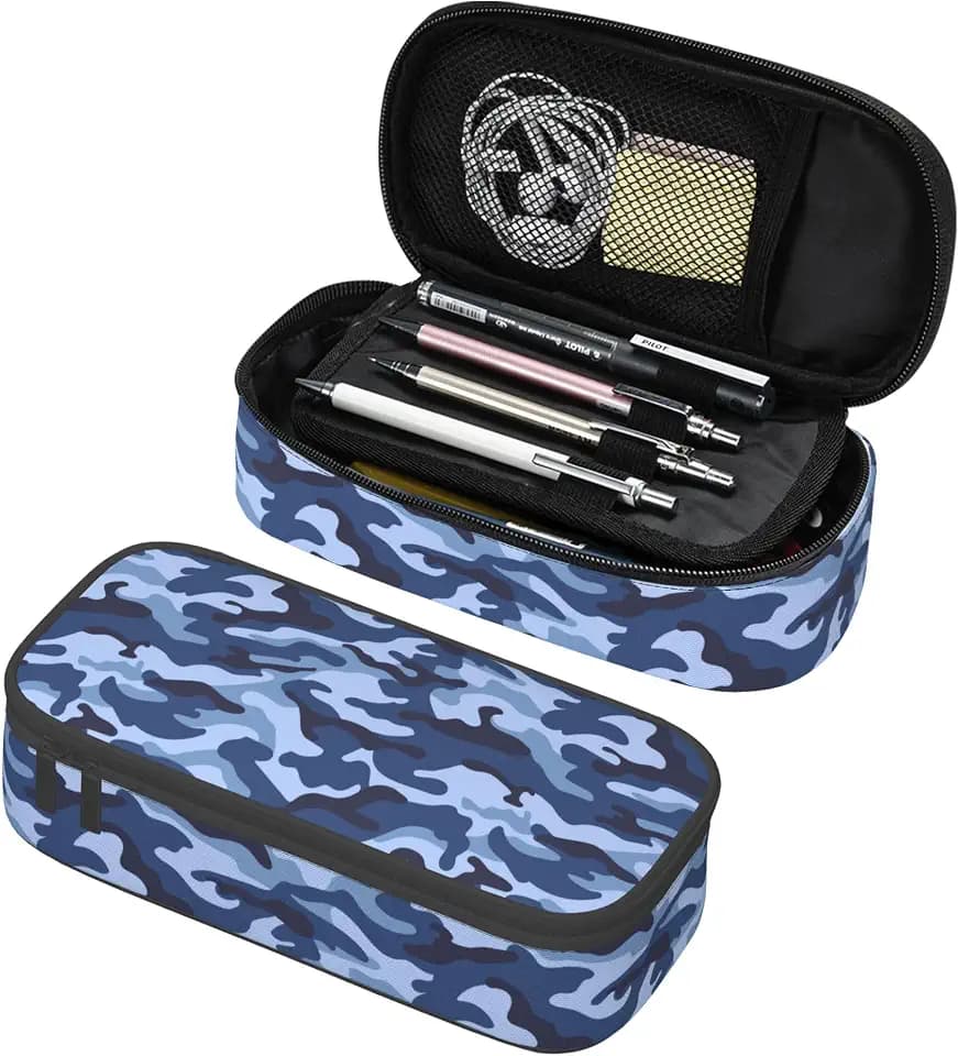 Kids Adults Camo Style Pencil Case Blue Pencil Box for Boys Men Girls Women, Portable Canvas Storage Pouch Marker Pen Organization Bag, Desk Office Organizer Travel Bag