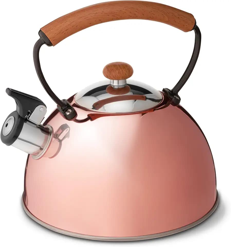Pinky Up Hadley Stainless Steel Tea Kettle for Stovetop, Whistling Teapot, Ergonomic Handle, Fast Heating, Compatible with Gas, Electric, and Induction Stoves, 70 oz, Rose Gold