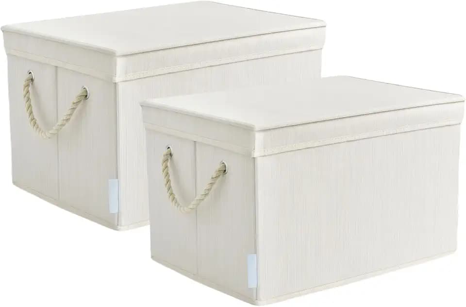 Storage Bins with Lids, 34L Fabric Storage Basket with Cotton Rope Handles, Collapsible Closet Organizer Bin, Heavy Duty Polyester Storage Box for Shelves, Bedroom, Nursery, Living Room, 2 Pack Ivory