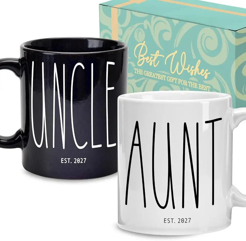 Promoted to Aunt & Uncle EST 2027 Mugs Set, Pregnancy Announcement Gifts for Aunt & Uncle, First Time Baby Reveal Publicity Mugs Gift 11oz (Blanc and White)