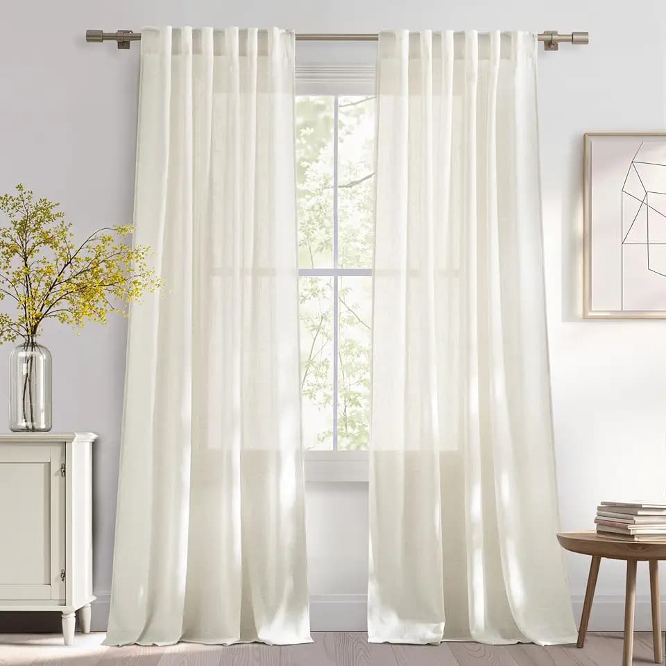 NICETOWN Natural Linen Curtains 96 inch Length 2 Panels, Rod Pocket & Back Tab Linen Blend Semi Sheer Privacy with Light Filtering Drapes for Bedroom/Living Room, W52 x L96