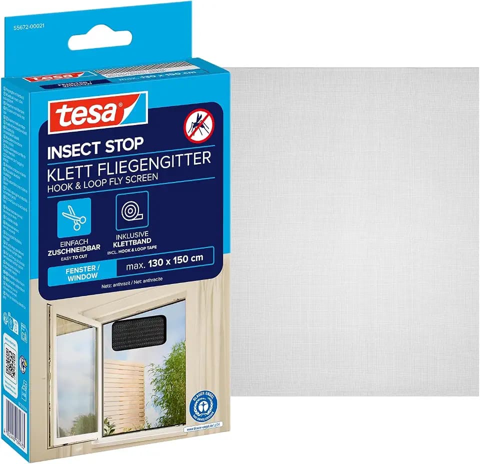 tesa Insect Stop Klett Fliegengitter - 130 cm x 150 cm - Anthrazit