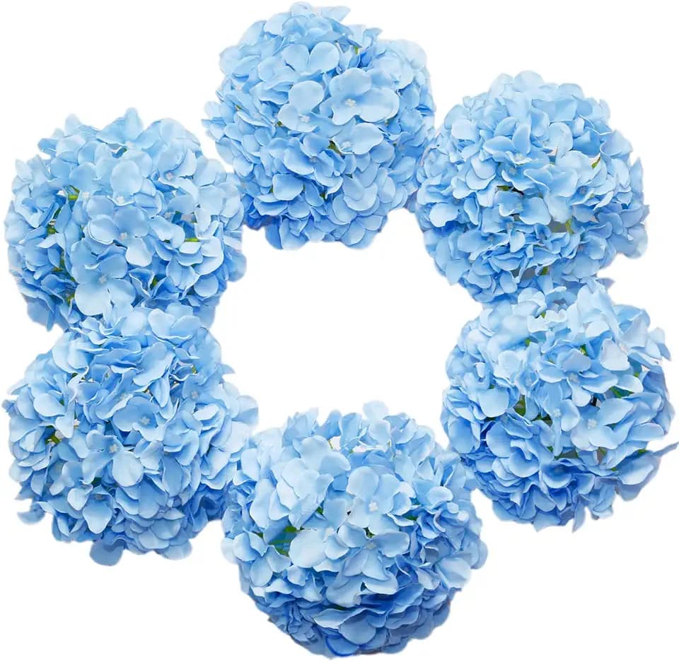 DuHouse 6 Pack Blue Artificial Hydrangea Silk Flower Heads with Stems