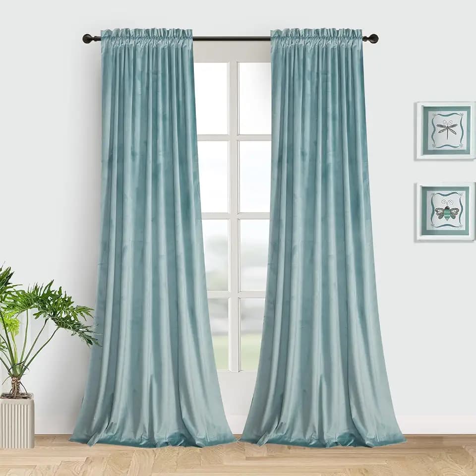 Roslynwood Eggshell Blue Velvet Curtain 84 inches Long - Block Light Thermal Insulated Rod Pocket Luxury Decor Curtains Drapes for Living Room, Eggshell Blue, W52 x L84, 2 Panels