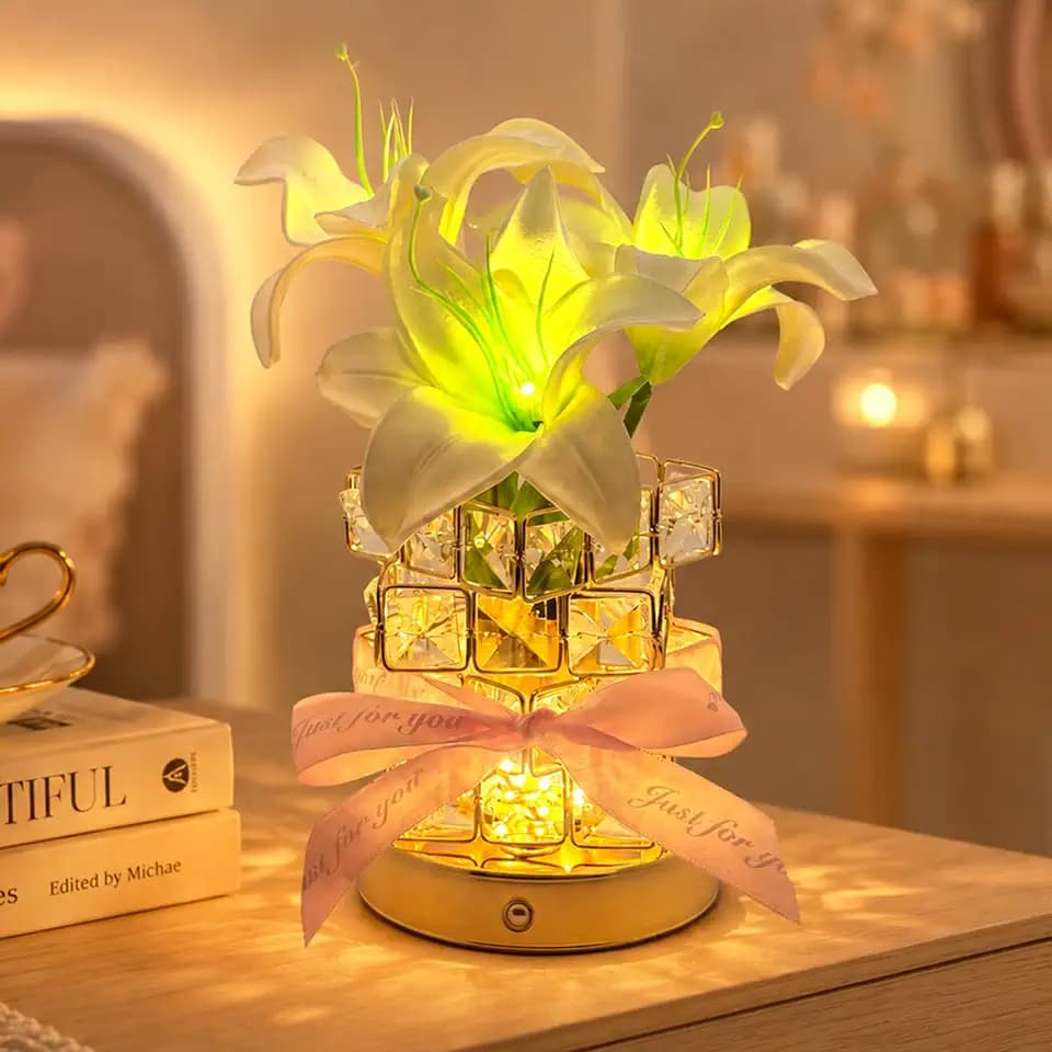 Lily Flower Lamp Cordless Touch LED Night Light Decor Gift for Women(White)