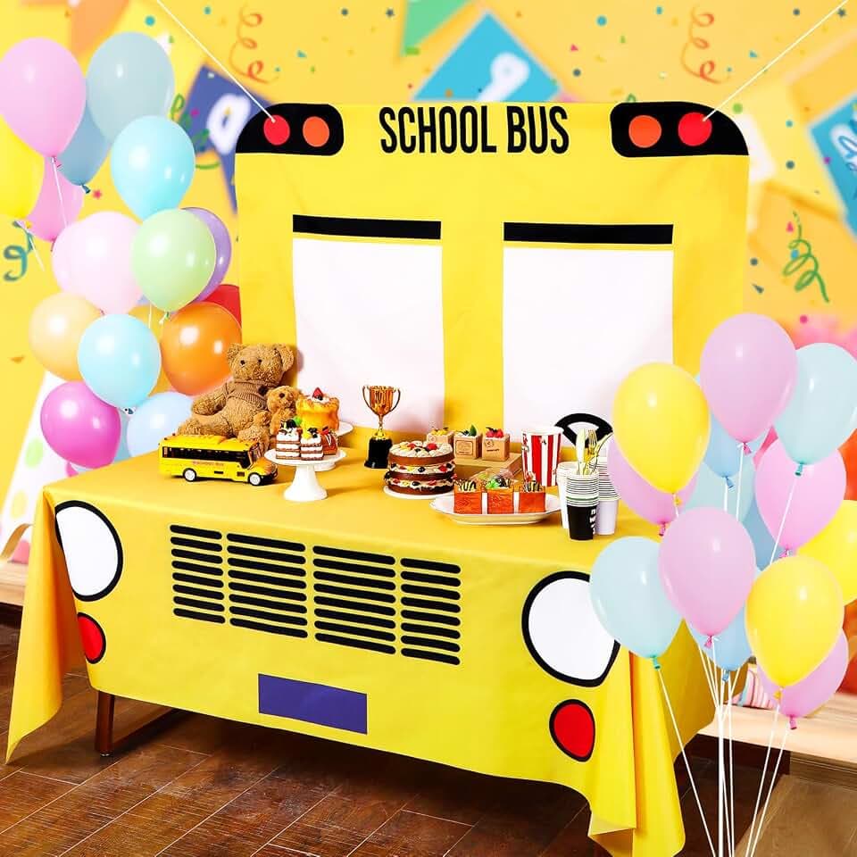 Oudain 2 Pcs Back to School Bus Decoration Set First Day of School Banner and Tablecloth Yellow Bus Tablecover and Backdrop for Boy Girl English Teacher Birthday Theme Party Favor(107.9 x 53.9 Inches)