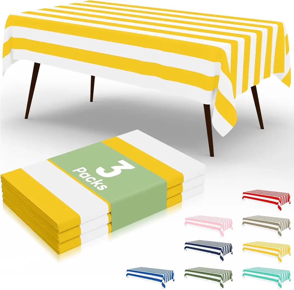 misaya 3 Packs Striped Disposable Table Cloth, 54 x 108 Inch Waterproof Rectangle Tablecloth, Leakproof & Sturdy Decorative Table Covers for Picnic, Party, Back to School and Outdoor, Yellow and White