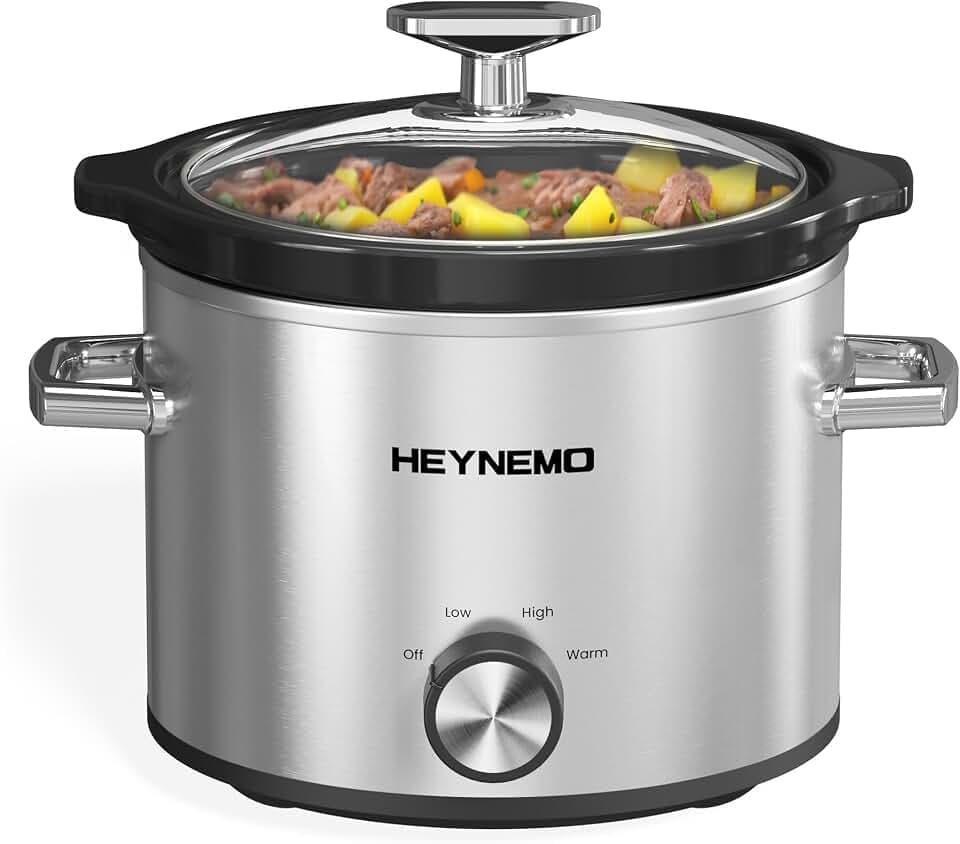 HEYNEMO 2 QT Small Slow Cooker, 3 Adjustable Temp, Upgraded Ceramic Pot, Easy Clean-up, Nutrient Loss Reduction, Sauces, Stews & Dips, Stainless Steel, Silver